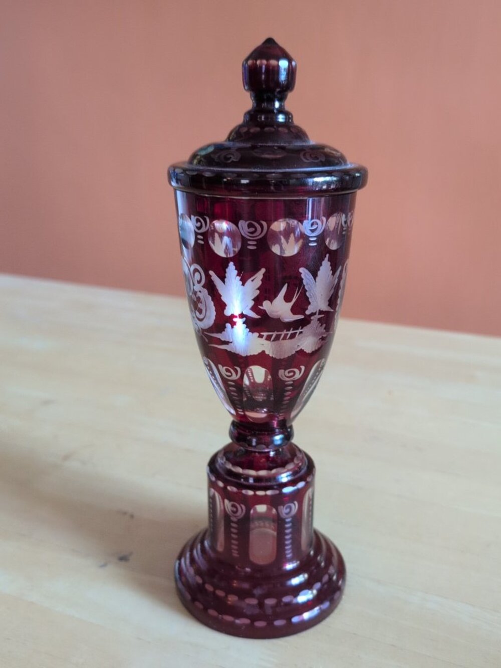 Vtg Cut to Clear Bohemian Egerman Ruby Red Etched Glass Bird / Castle Goblet wit
